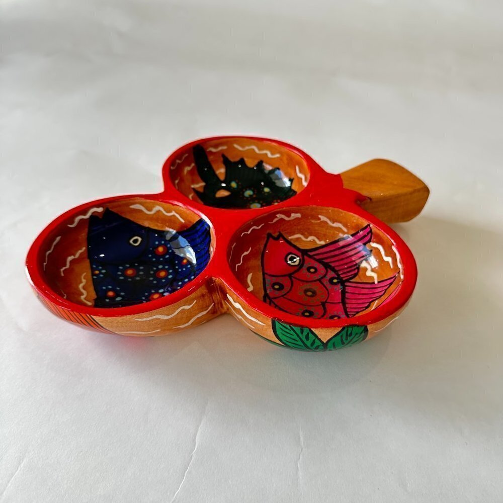 Triple Tri-Bowl Condiment Salsa Dip Mexican Hand Painted Wood Server Dish